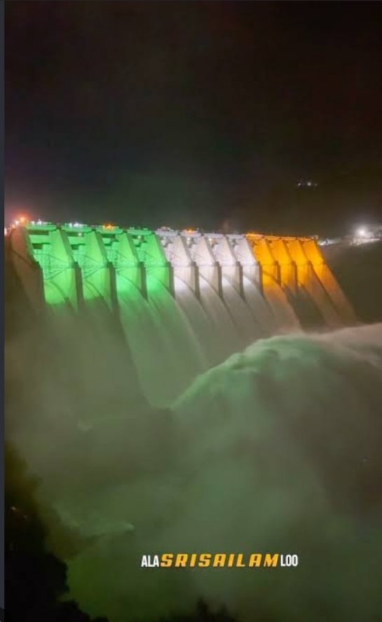 srisailamproject and dam illuminated in indian flag colors at night